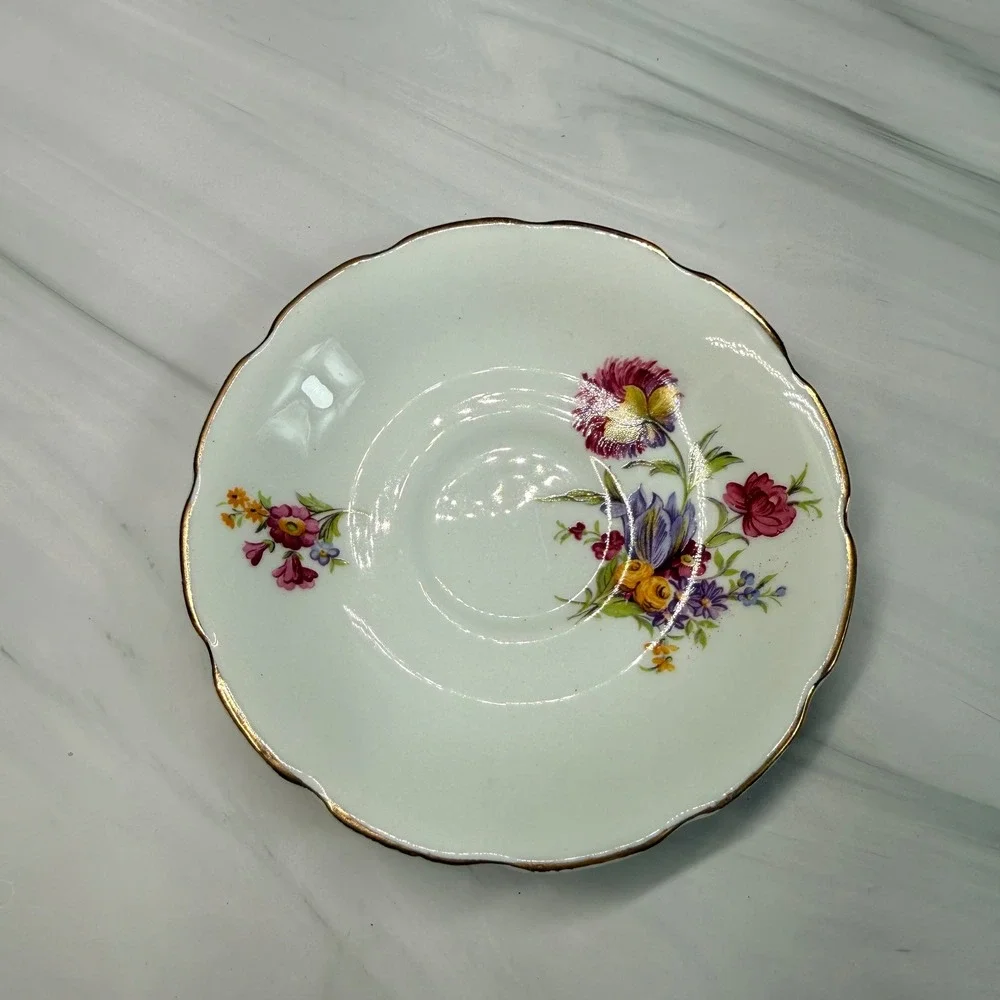 Royal Stuart Bone China England Tea Cup and Saucer Floral Gold Trim Scalloped
